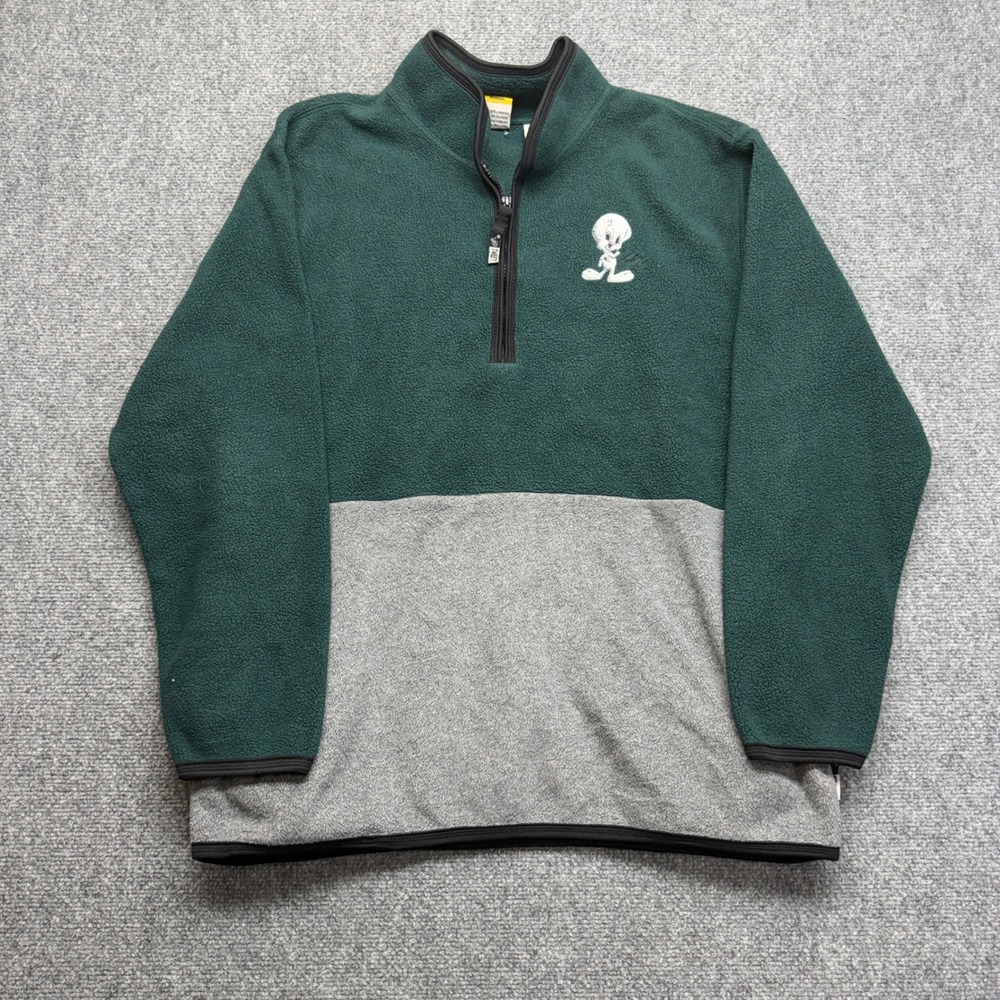Vintage 1999 Looney Tunes Tweety Bird Fleece Pullover Hunter Green Gray 14/16